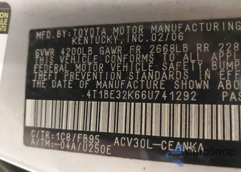 2006 Toyota Camry Std z USA, uszkodzony, nr VIN 4T1BE32K66U741292